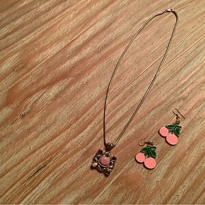 Pink Cherry Earrings & Pink Stone Pendant Necklace